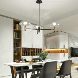 Lampadario mini a 3 luci con paralumi in vetro trasparente, oro e nero