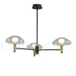Lampadario mini a 3 luci con paralumi in vetro trasparente, oro e nero