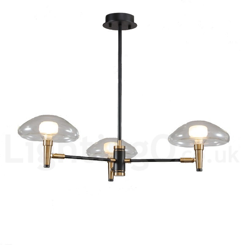 Lampadario mini a 3 luci con paralumi in vetro trasparente, oro e nero