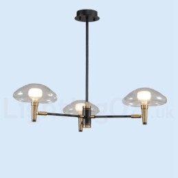Lampadario mini a 3 luci con paralumi in vetro trasparente, oro e nero