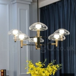 Lampadario a 6 luci oro e nero con paralumi in vetro trasparente