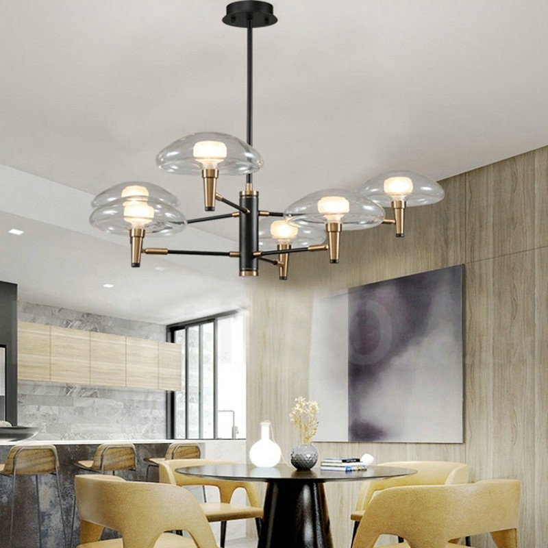 Lampadario a 6 luci oro e nero con paralumi in vetro trasparente