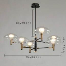 Lampadario a 6 luci oro e nero con paralumi in vetro trasparente