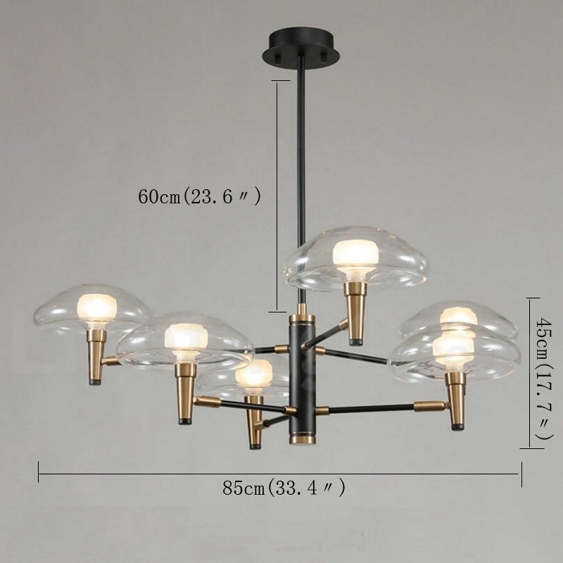 Lampadario a 6 luci oro e nero con paralumi in vetro trasparente