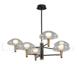 Lampadario a 6 luci oro e nero con paralumi in vetro trasparente