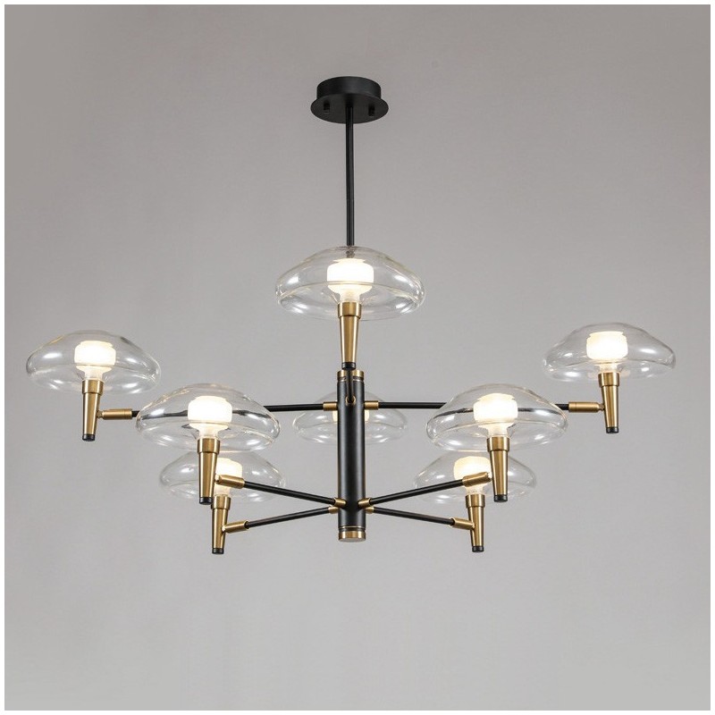 Lampadario classico a 8 luci con finitura elettrolitica e paralumi in vetro