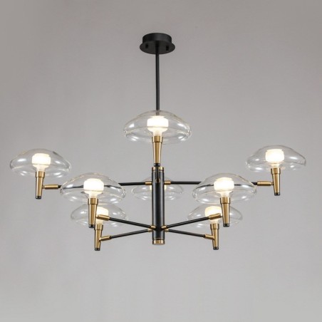 Lampadario classico a 8 luci con finitura elettrolitica e paralumi in vetro
