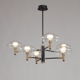 Lampadario classico a 8 luci con finitura elettrolitica e paralumi in vetro