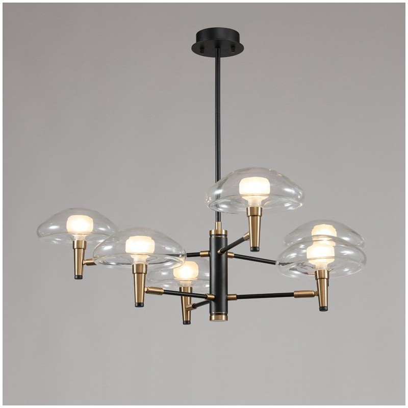 Lampadario classico a 8 luci con finitura elettrolitica e paralumi in vetro