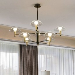 Lampadario classico a 8 luci con finitura elettrolitica e paralumi in vetro