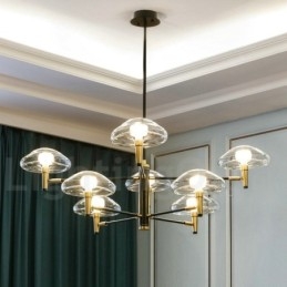 Lampadario classico a 8 luci con finitura elettrolitica e paralumi in vetro
