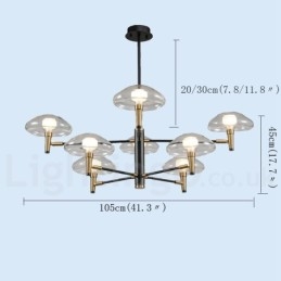 Lampadario classico a 8 luci con finitura elettrolitica e paralumi in vetro