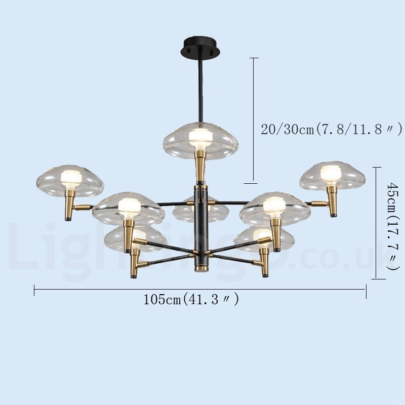 Lampadario classico a 8 luci con finitura elettrolitica e paralumi in vetro