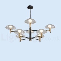 Lampadario classico a 8 luci con finitura elettrolitica e paralumi in vetro