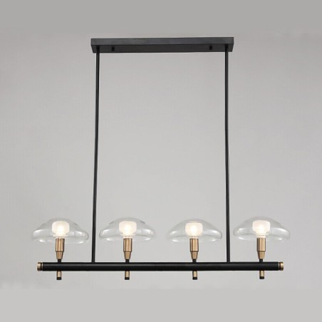 Lampadario lineare a 4 luci oro e nero con paralumi in vetro trasparente