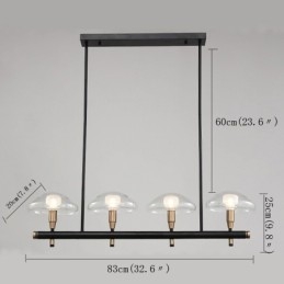 Lampadario lineare a 4 luci oro e nero con paralumi in vetro trasparente