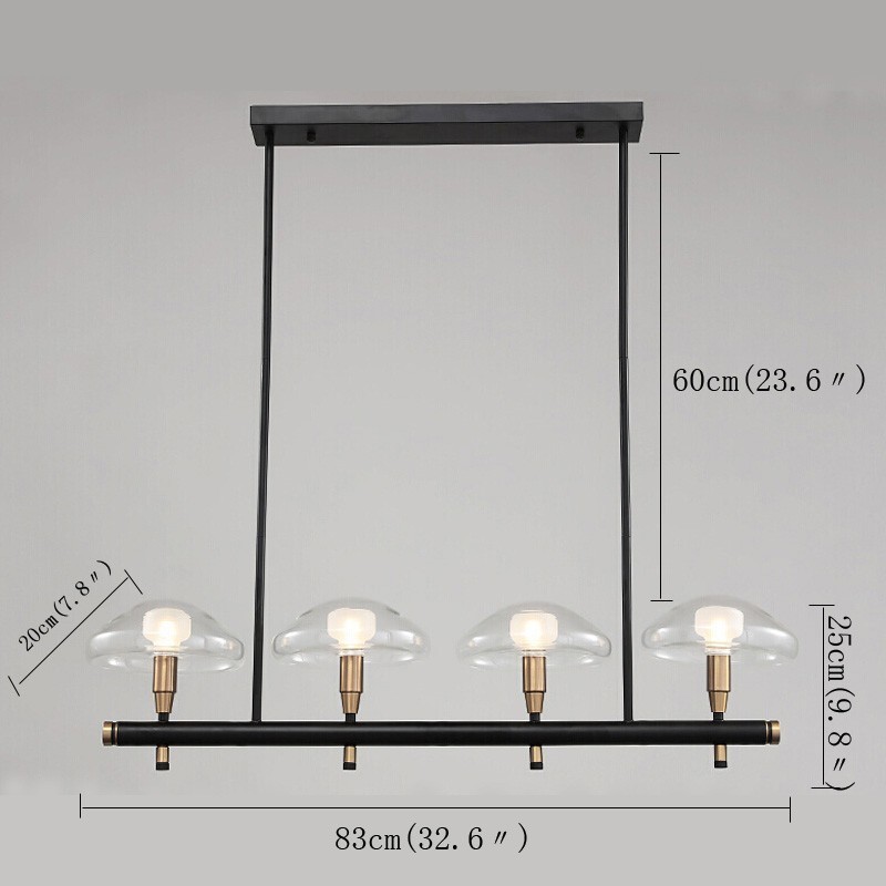 Lampadario lineare a 4 luci oro e nero con paralumi in vetro trasparente