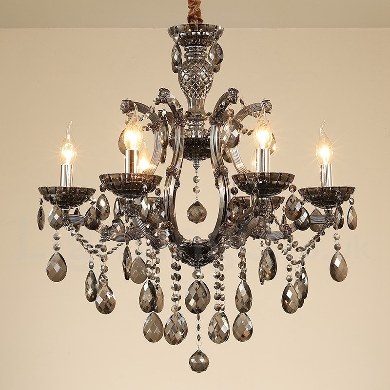 Lampadario a candela a 6 luci in cristallo grigio chiaro