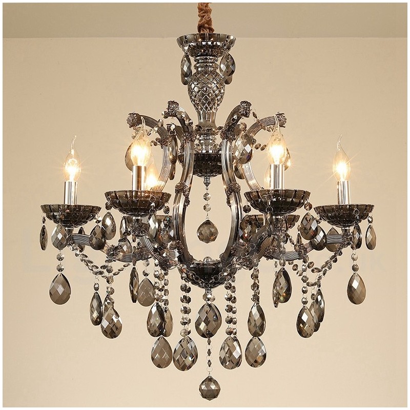 Lampadario a candela a 6 luci in cristallo grigio chiaro