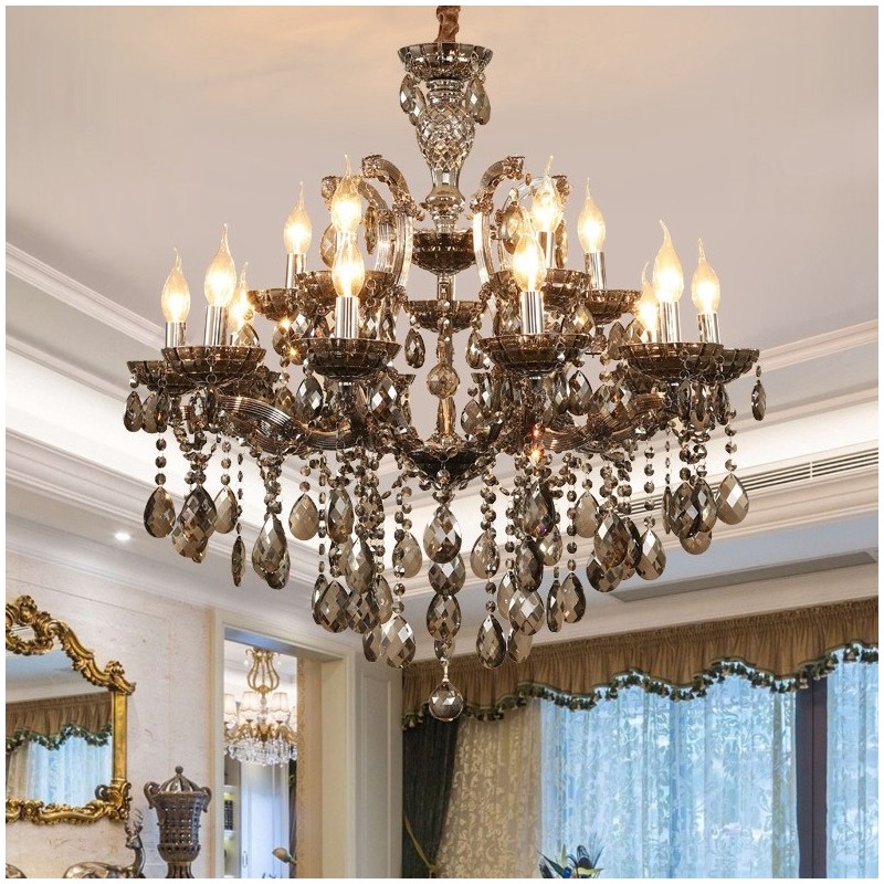 Lampadario a candela in cristallo grigio chiaro 18 luci (12+6)