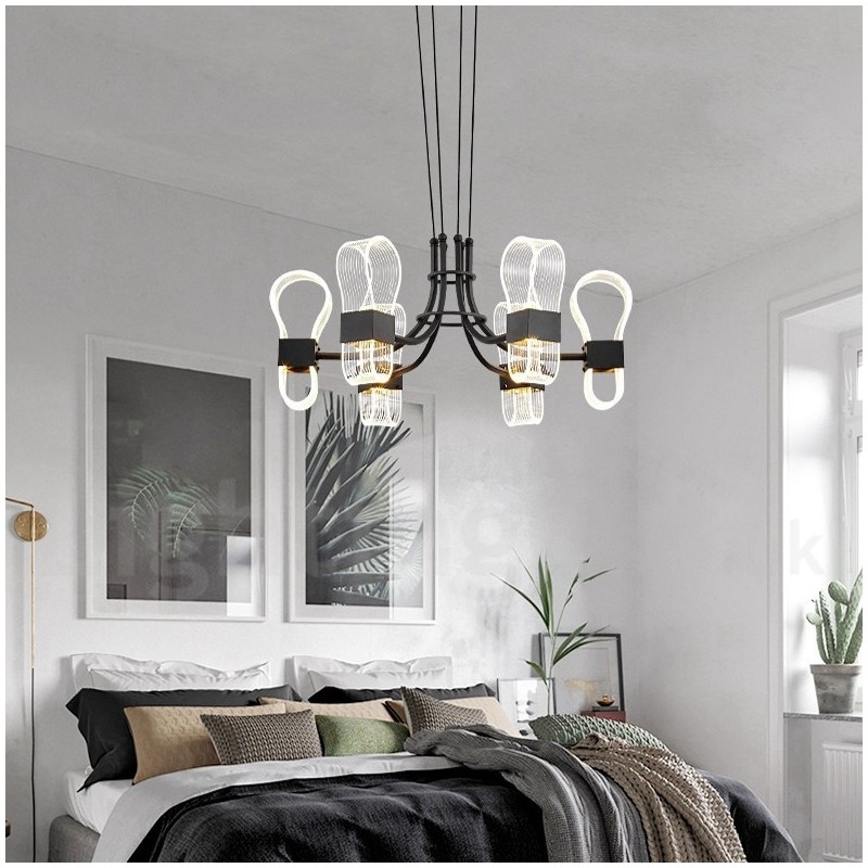 Lampadario nordico postmoderno a 6 luci con paralumi in acrilico, nero