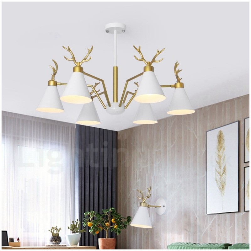 Applique da parete moderna nordica macaron a 6 luci con corna di cervo, oro