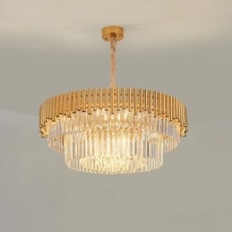 Lampadario a sospensione rotondo in cristallo K9 dorato