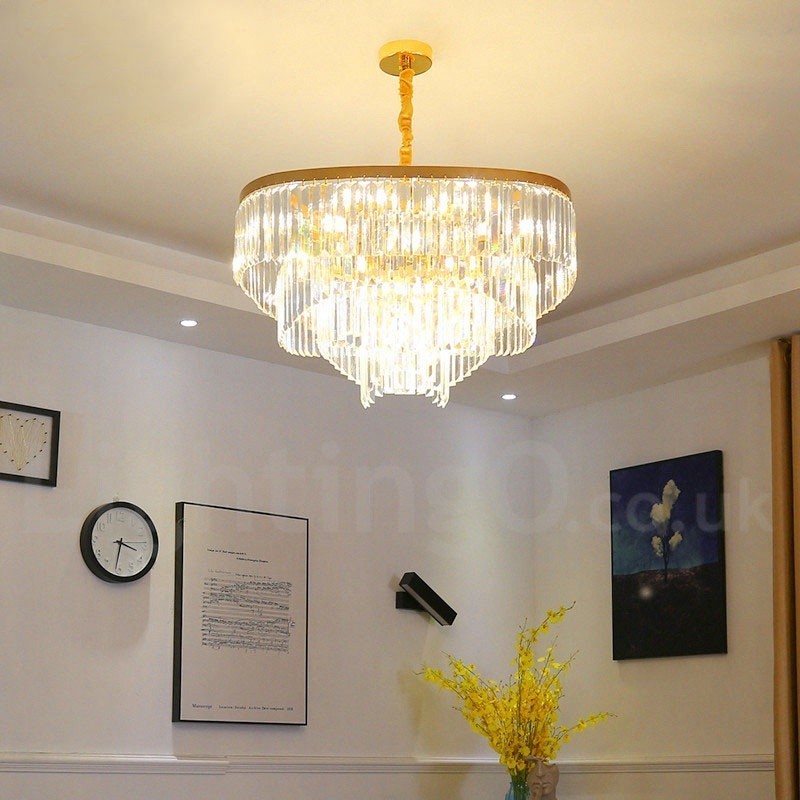 Lampadario a sospensione rotondo in cristallo K9 dorato, GU10