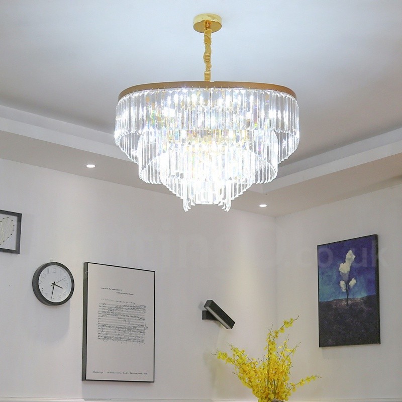 Lampadario a sospensione rotondo in cristallo K9 dorato, GU10