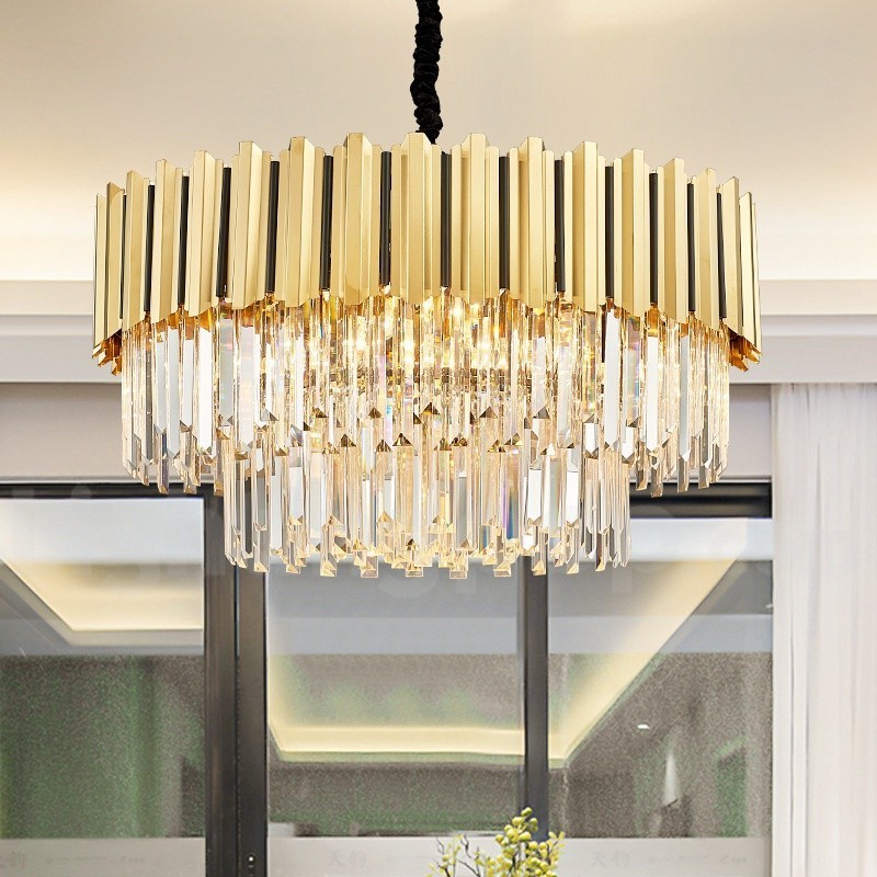 Lampadario a sospensione rotondo in cristallo K9 dorato, E14, H43 cm