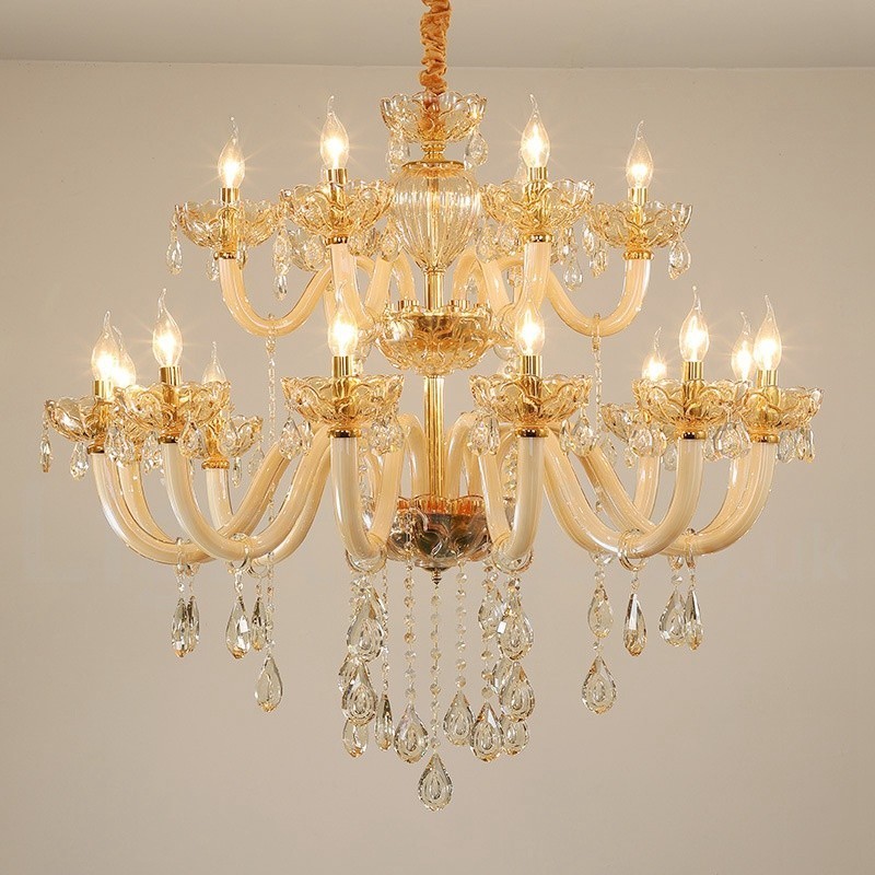 Lampadario in cristallo champagne 18 luci (12+6), 2 livelli, E12/E14