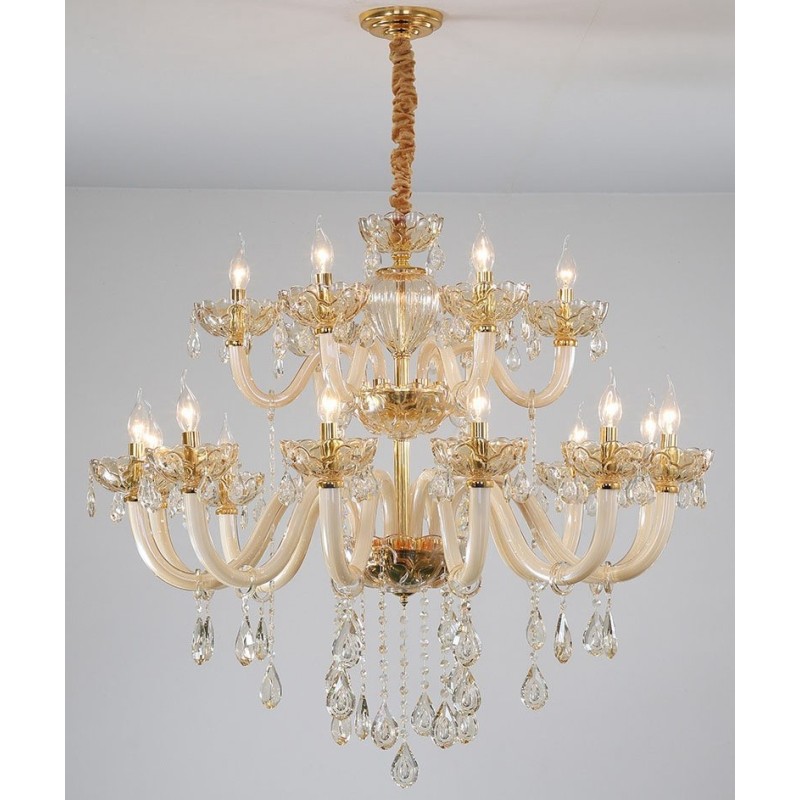 Lampadario in cristallo champagne 18 luci (12+6), 2 livelli, E12/E14