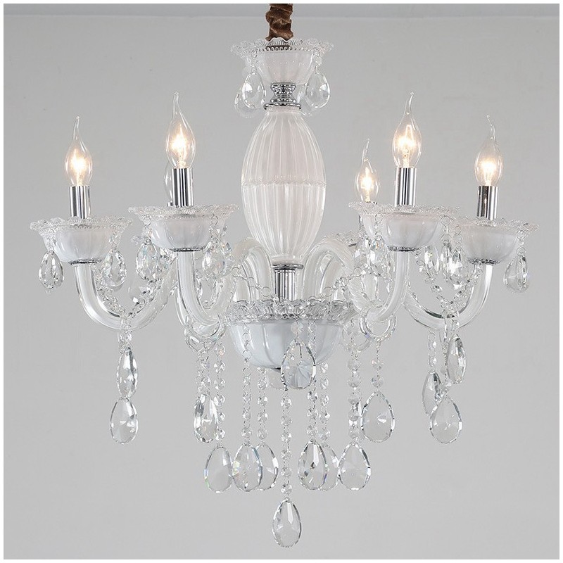 Lampadario a 6 luci in cristallo bianco stile candela