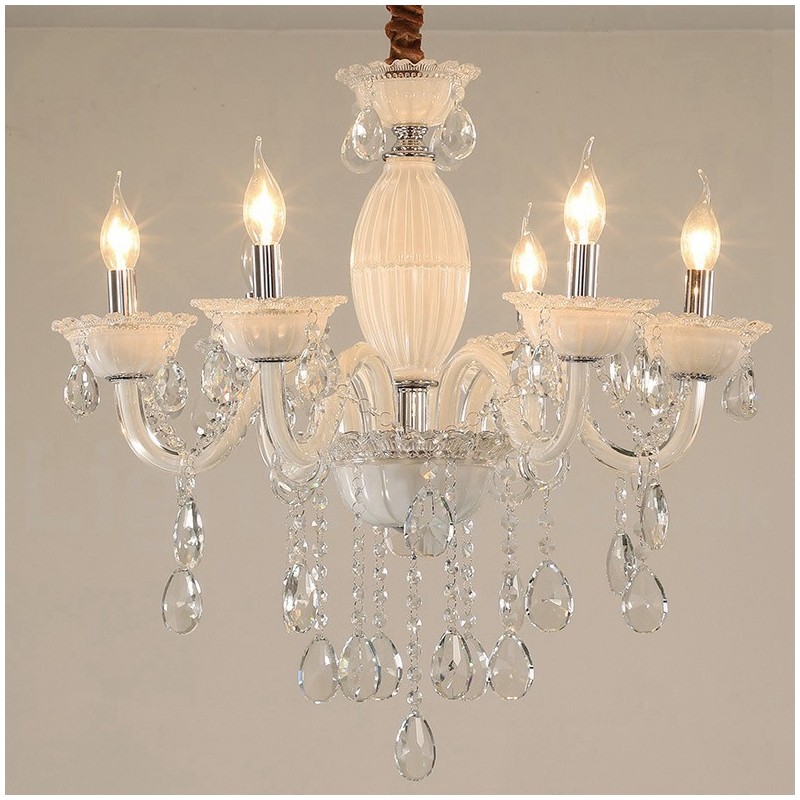 Lampadario a 6 luci in cristallo bianco stile candela