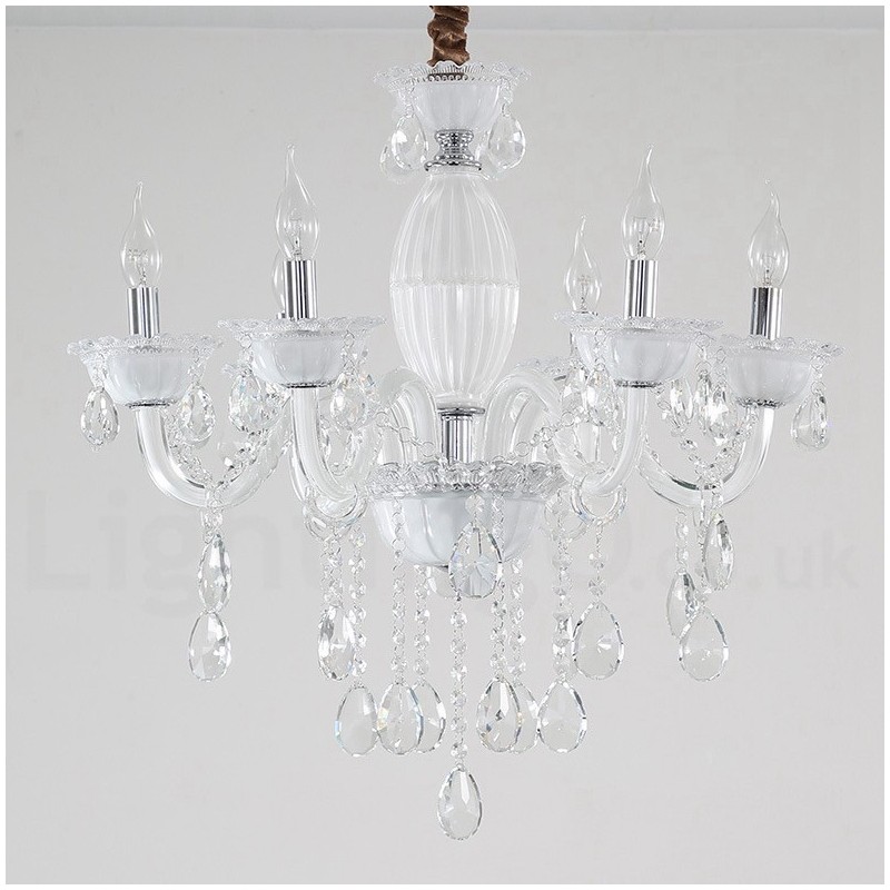 Lampadario a 6 luci in cristallo bianco stile candela