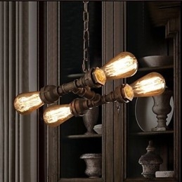 Lampadario vintage industriale a 4 tubi, 3 luci, metallo marrone