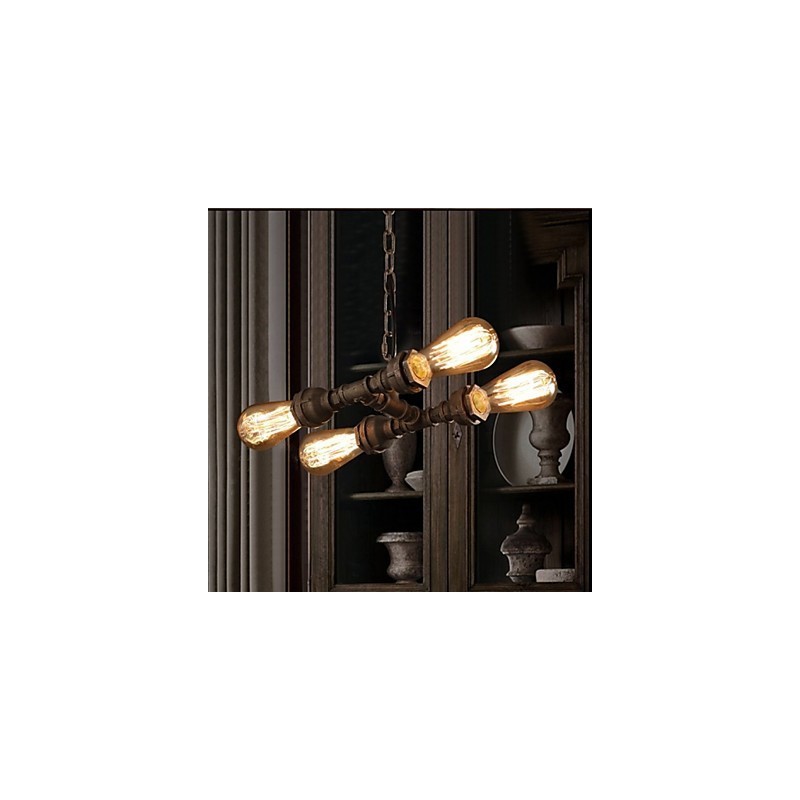 Lampadario vintage industriale a 4 tubi, 3 luci, metallo marrone