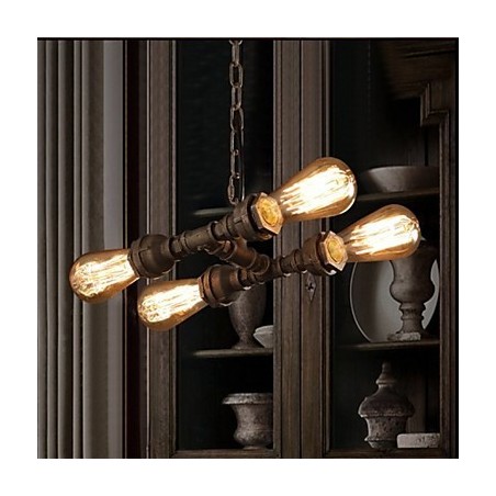 Lampadario vintage industriale a 4 tubi, 3 luci, metallo marrone