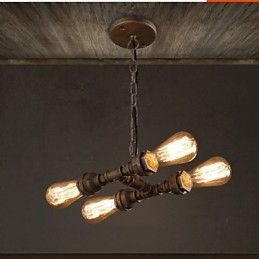 Lampadario vintage industriale a 4 tubi, 3 luci, metallo marrone
