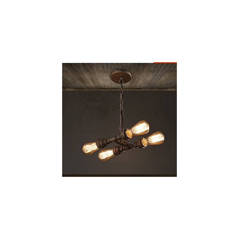 Lampadario vintage industriale a 4 tubi, 3 luci, metallo marrone