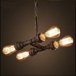 Lampadario vintage industriale a 4 tubi, 3 luci, metallo marrone
