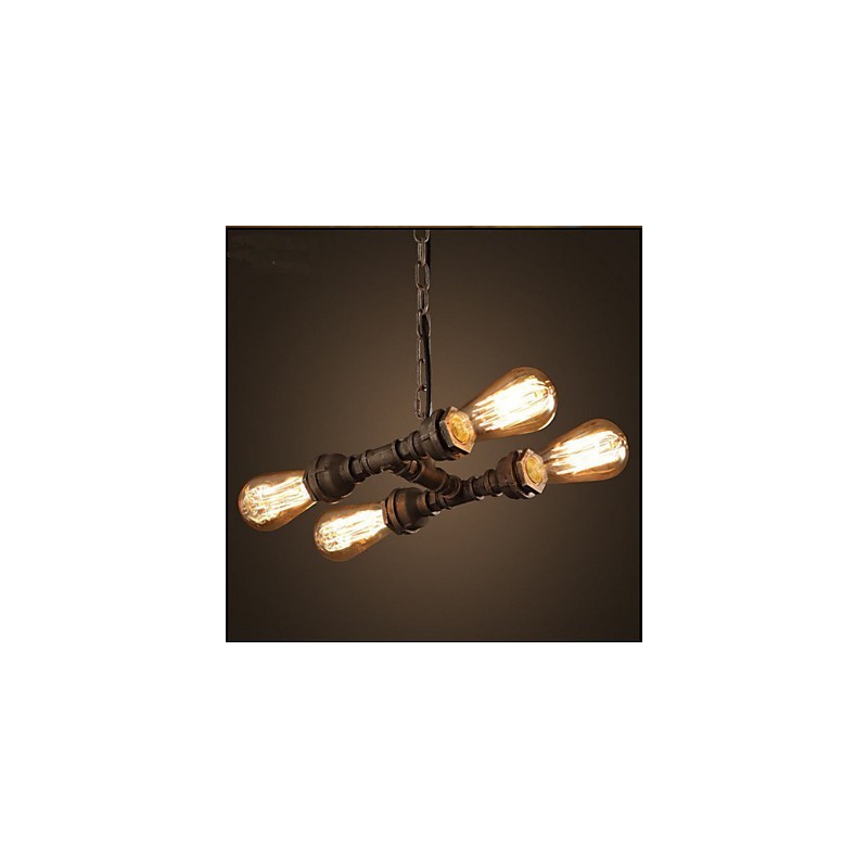 Lampadario vintage industriale a 4 tubi, 3 luci, metallo marrone