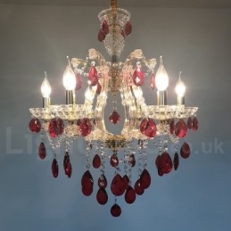 Lampadario a candela in cristallo dorato e rosso a 6 luci
