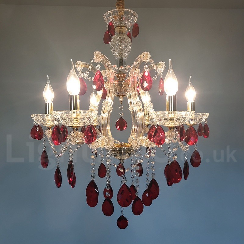 Lampadario a candela in cristallo dorato e rosso a 6 luci