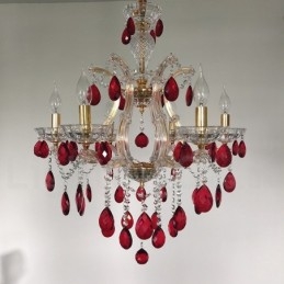 Lampadario a candela in cristallo dorato e rosso a 6 luci