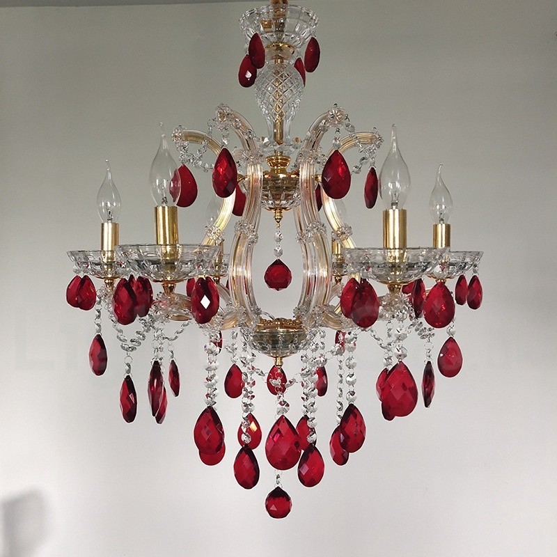 Lampadario a candela in cristallo dorato e rosso a 6 luci