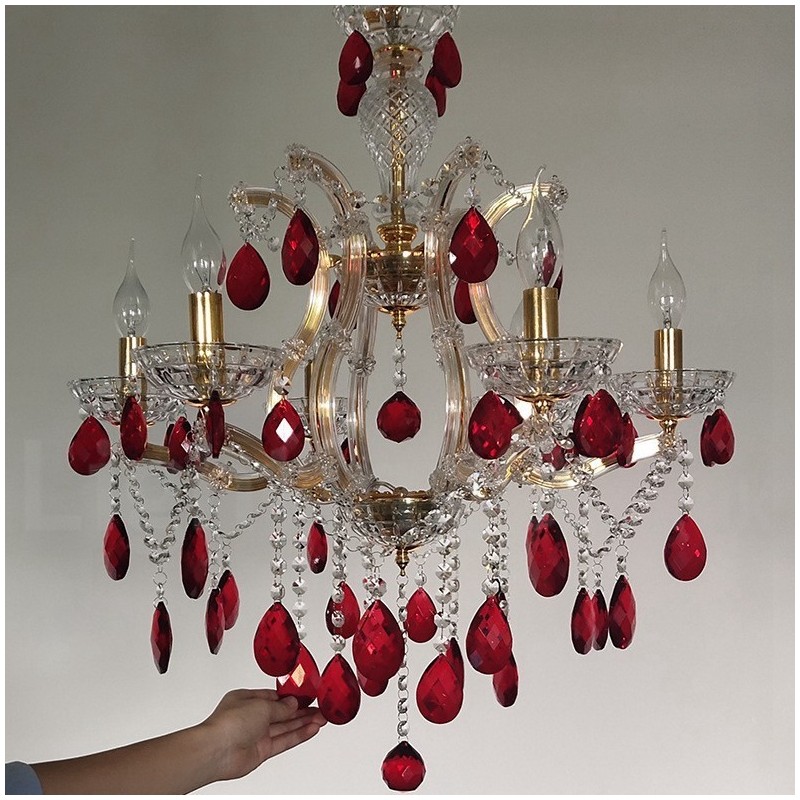 Lampadario a candela in cristallo dorato e rosso a 6 luci