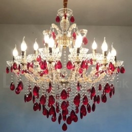 Lampadario di cristallo oro e rosso a 18 (12+6) luci, 2 livelli, E12/E14