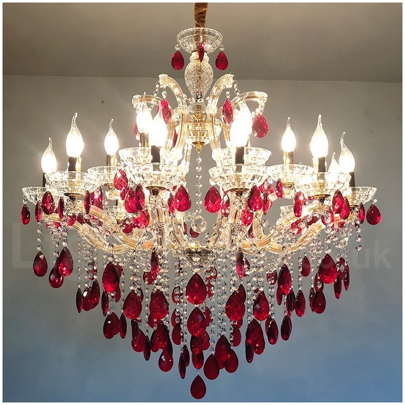 Lampadario di cristallo oro e rosso a 18 (12+6) luci, 2 livelli, E12/E14