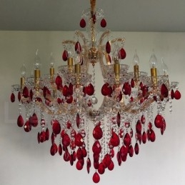 Lampadario di cristallo oro e rosso a 18 (12+6) luci, 2 livelli, E12/E14